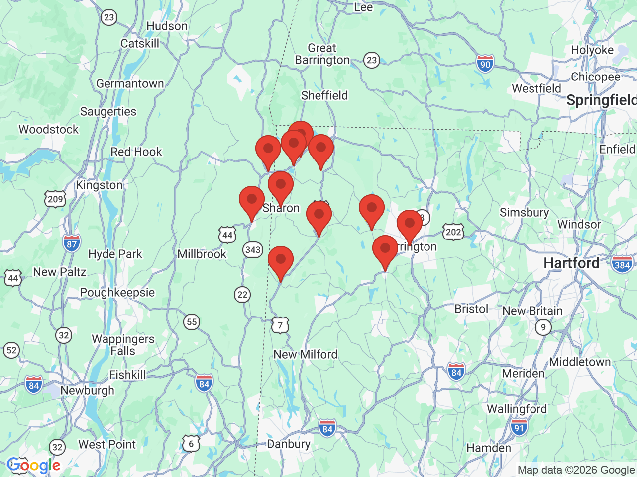 Map of service areas around Cornwall Bridge, CT